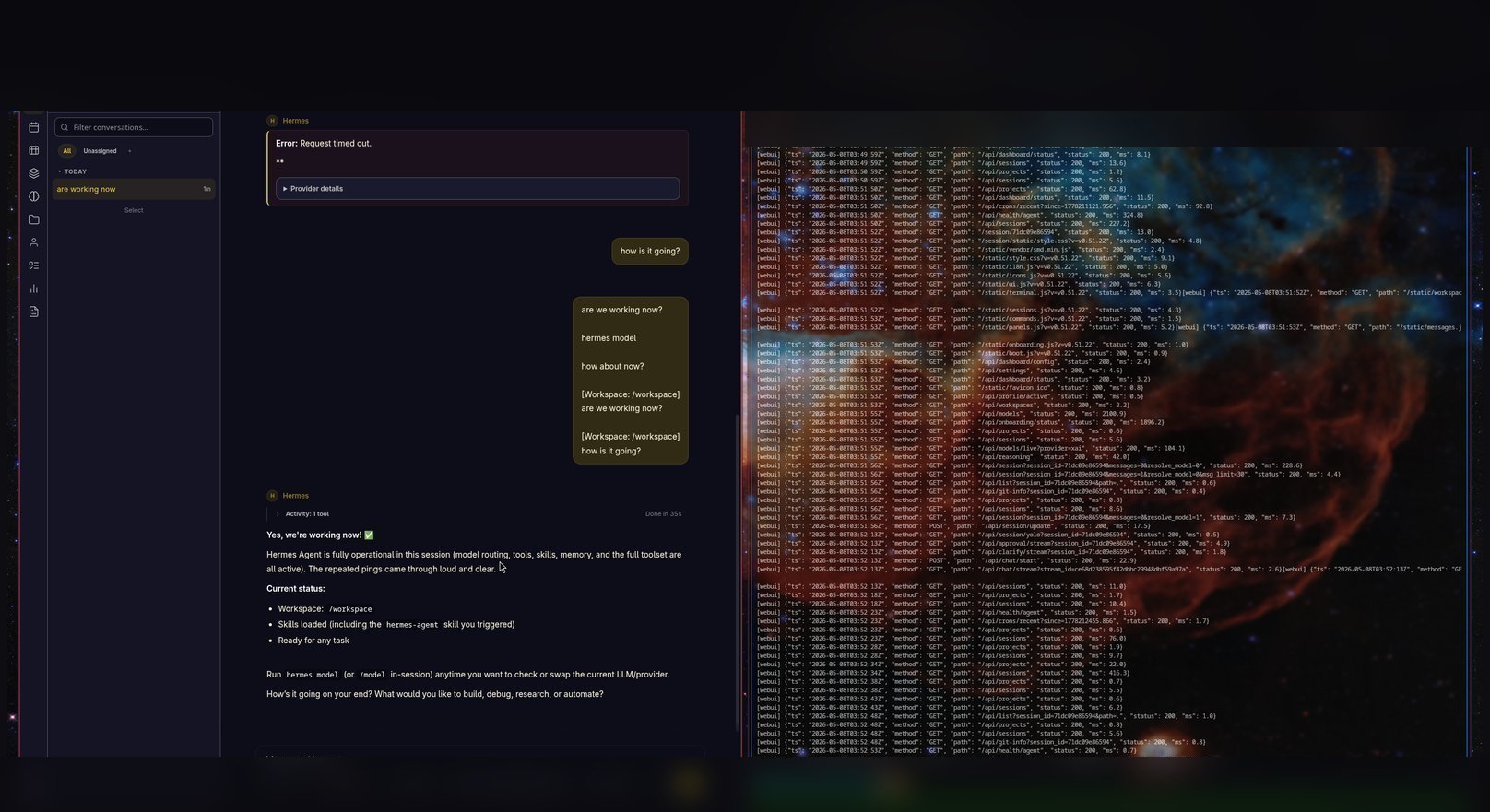 k9s tailing HTTP logs from an AI agent service running in-cluster while its web UI responds in the browser