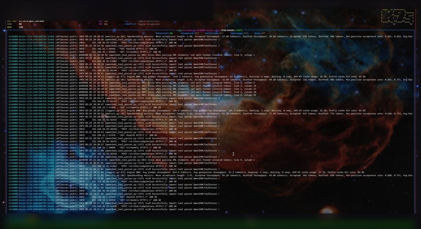 k9s tailing vLLM inference server logs with throughput and KV-cache metrics