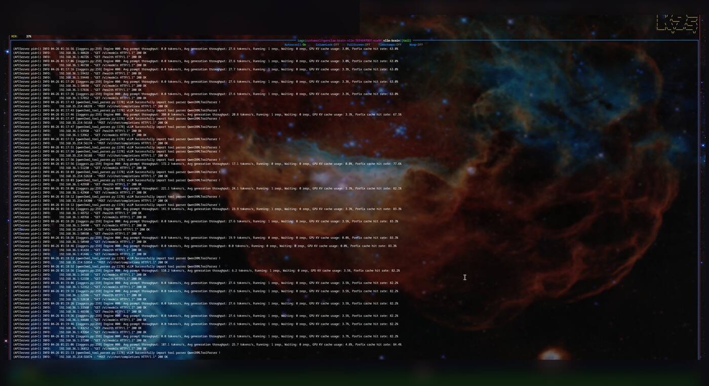 second k9s session tailing vLLM API traffic with 200 OK responses